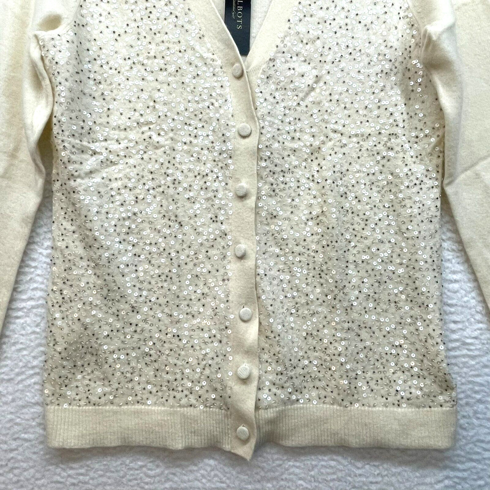 Talbots Cardigan Womens Medium Cream Petite Lambswool Sequin Button Up Rabbit - Picture 5 of 10